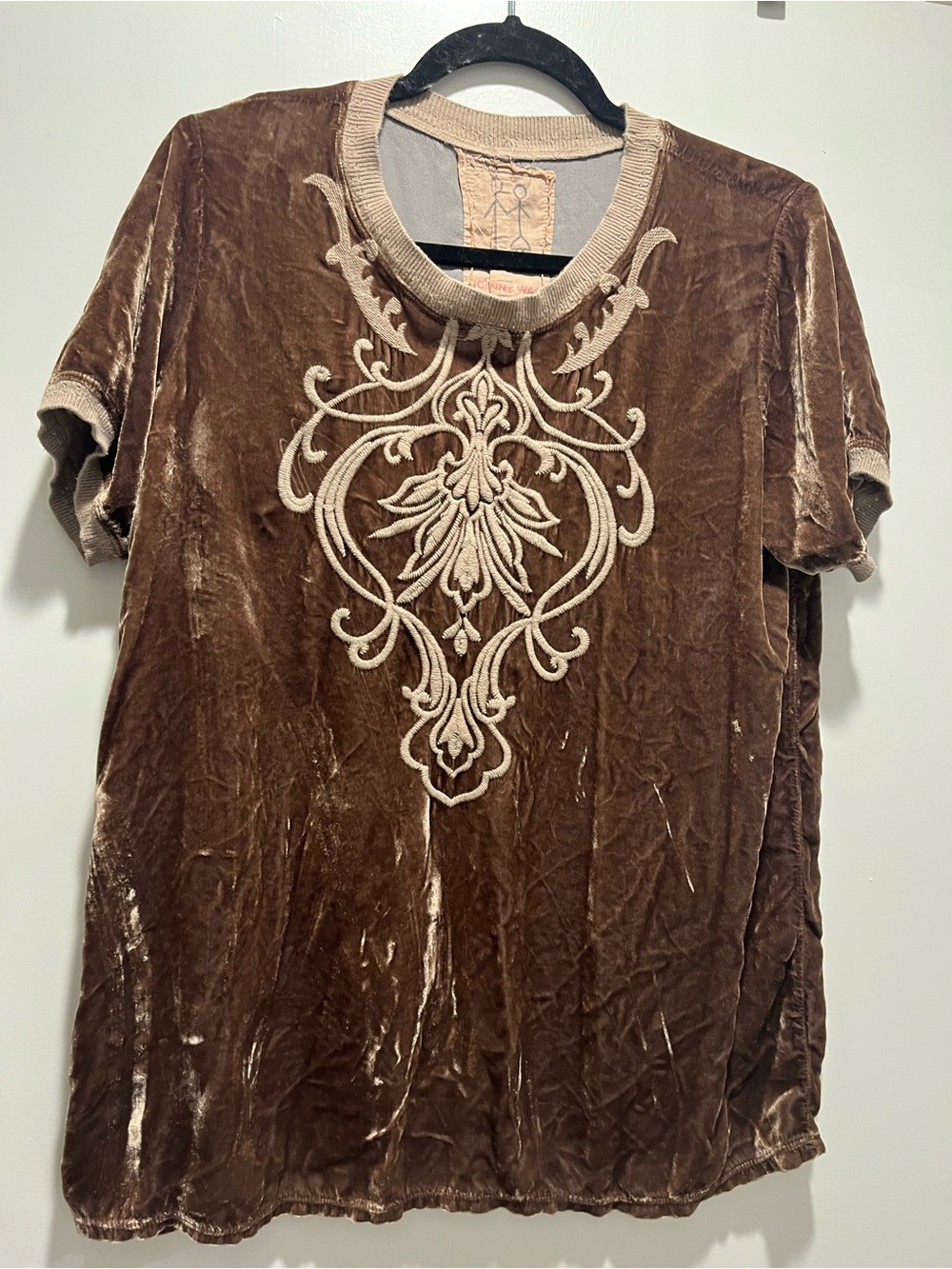 Johnny Was Brown Velvet Short-Sleeve Tee with Cream Embroidery